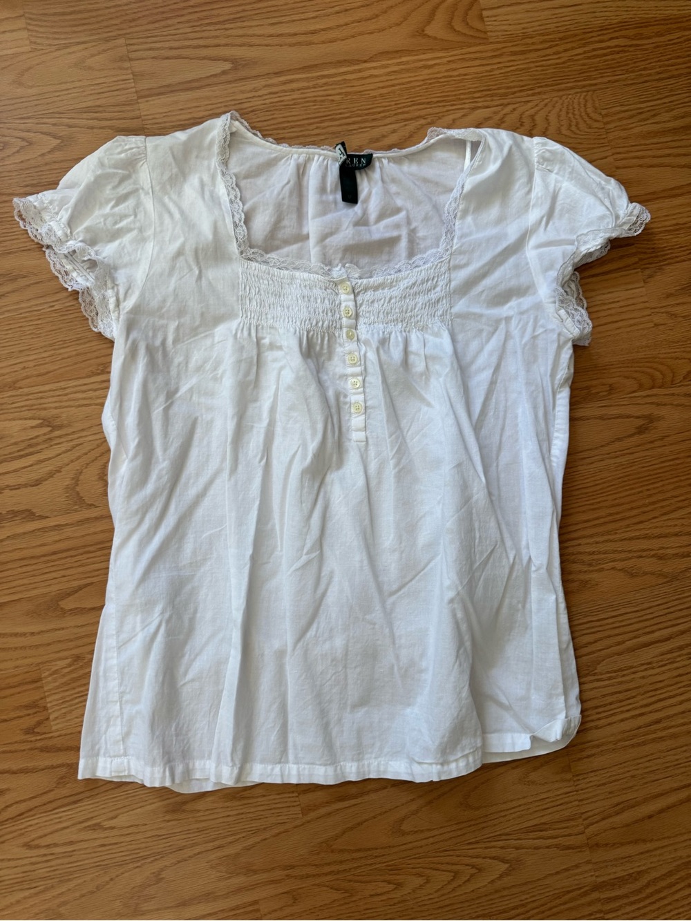 Ralph Lauren White Lace-Trim Smocked Button Blouse